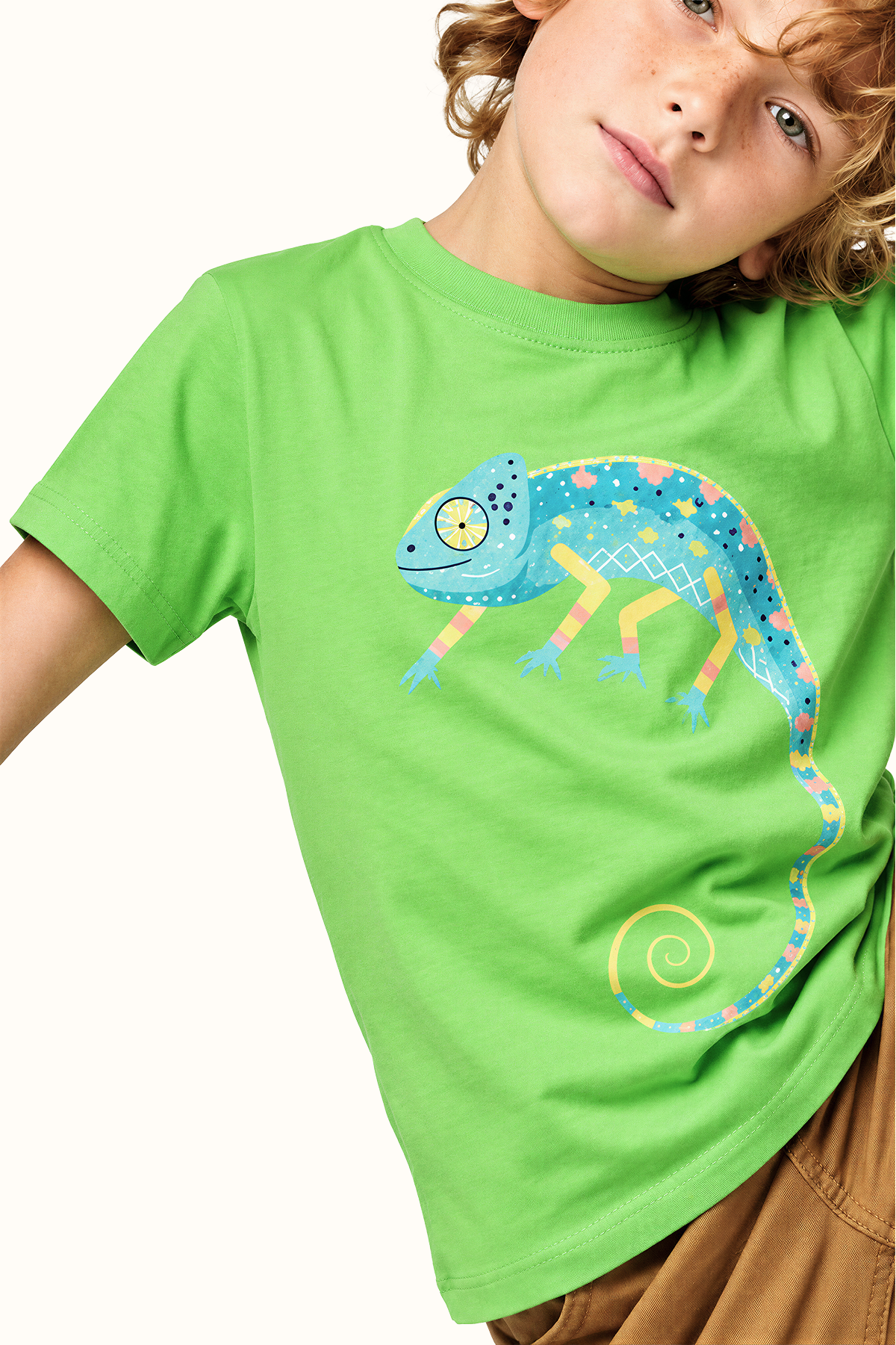 Camiseta Algodon Niños Verde Vivo Camaleón