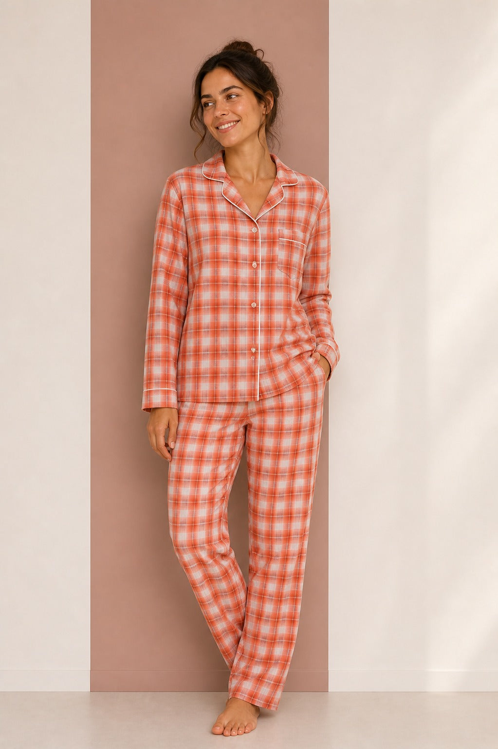 Pijama Clasica Escocesa Cuadros Naranjas