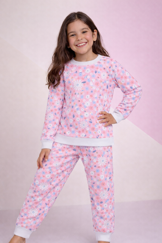 Pijama Fleece Niños Dos Piezas Flores Rosa